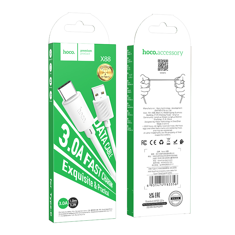 HOCO X88 PVC Type-C Data Cable - White - X88C.WH